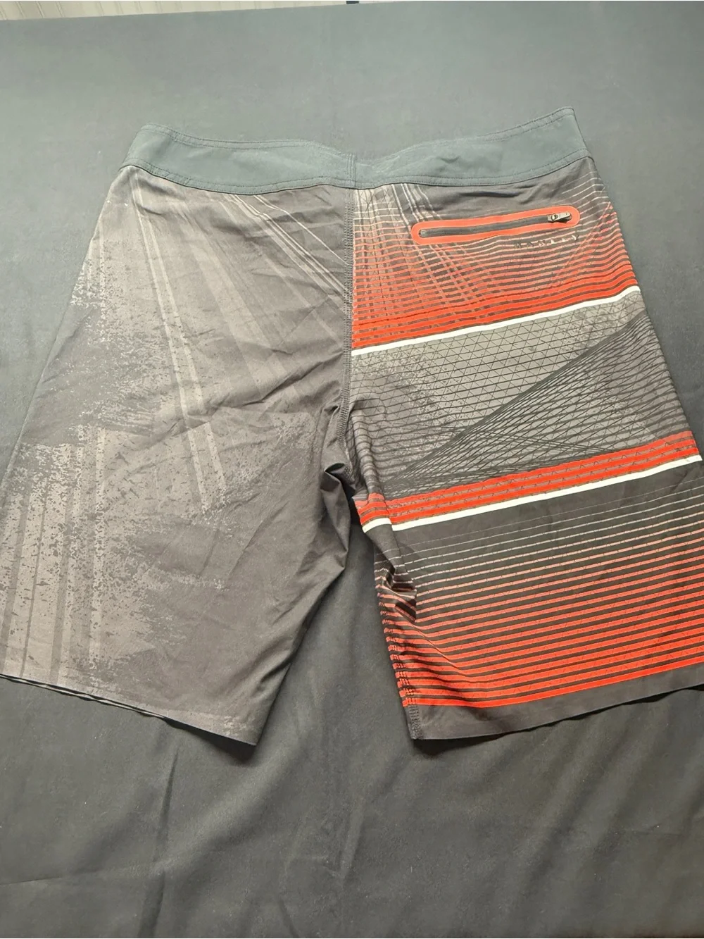Oakley Gray & Red Striped Swim Board Shorts